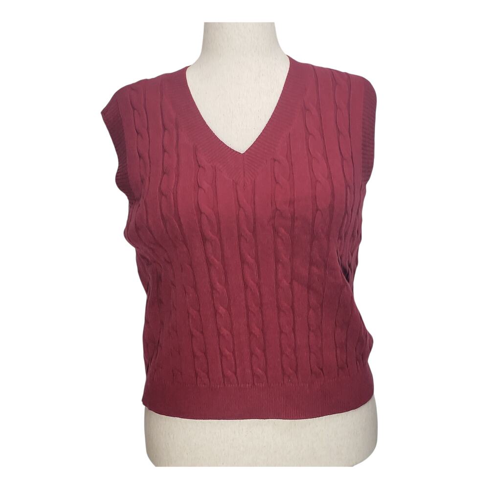 Elesol Womens XL Burgundy Cable Knit Sweater Vest Preppy Cozy Fall Layering NWT